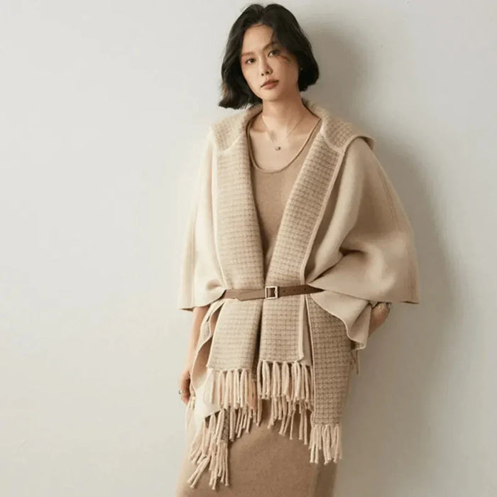 Lightweight Cozy Women's Poncho - Hooded Draped, Cashmere