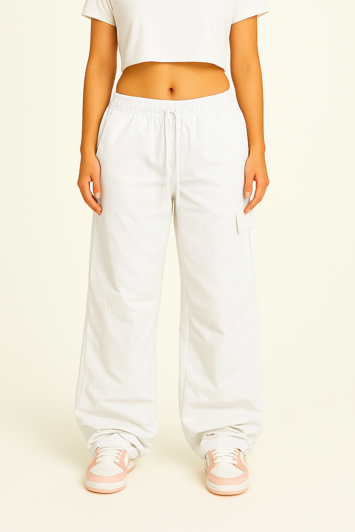 White Cargo Trousers for Women with Adjustable Waistband and Functional Pockets, Modern Utilitarian Style