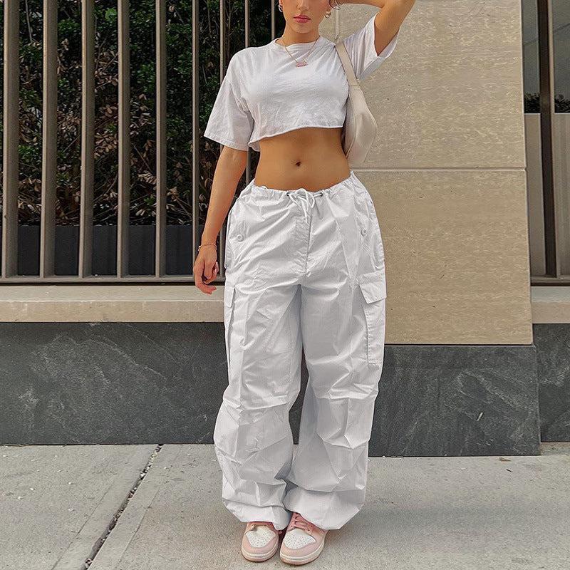 White Cargo Trousers for Women with Adjustable Waistband and Functional Pockets, Modern Utilitarian Style
