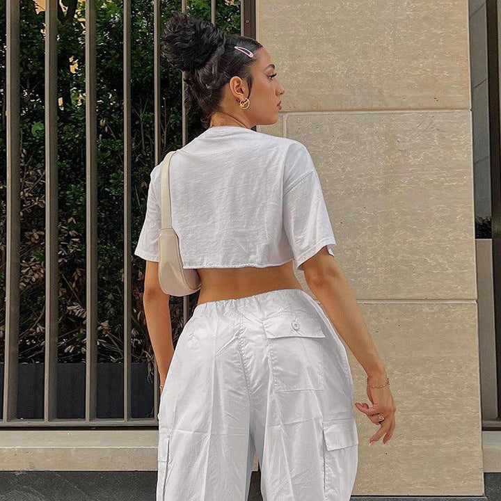 White Cargo Trousers for Women with Adjustable Waistband and Functional Pockets, Modern Utilitarian Style