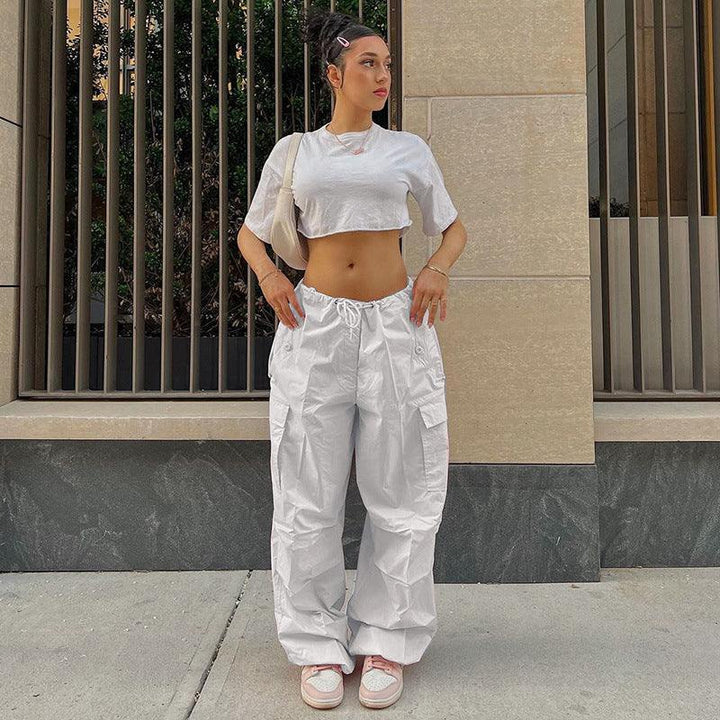 White Cargo Trousers for Women with Adjustable Waistband and Functional Pockets, Modern Utilitarian Style