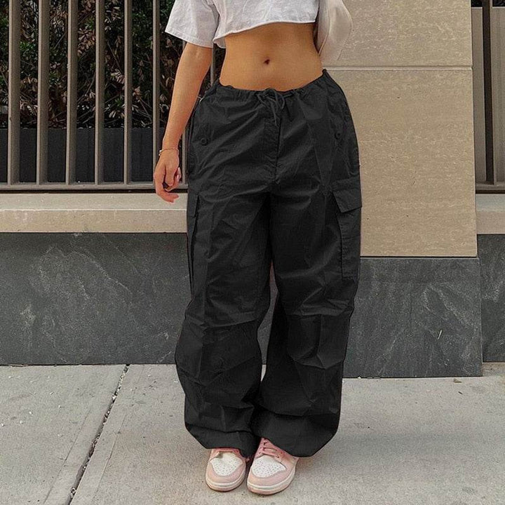 Black Cargo Trousers for Women with Adjustable Waist, Multiple Pockets, and Relaxed Fit for Versatile Styling