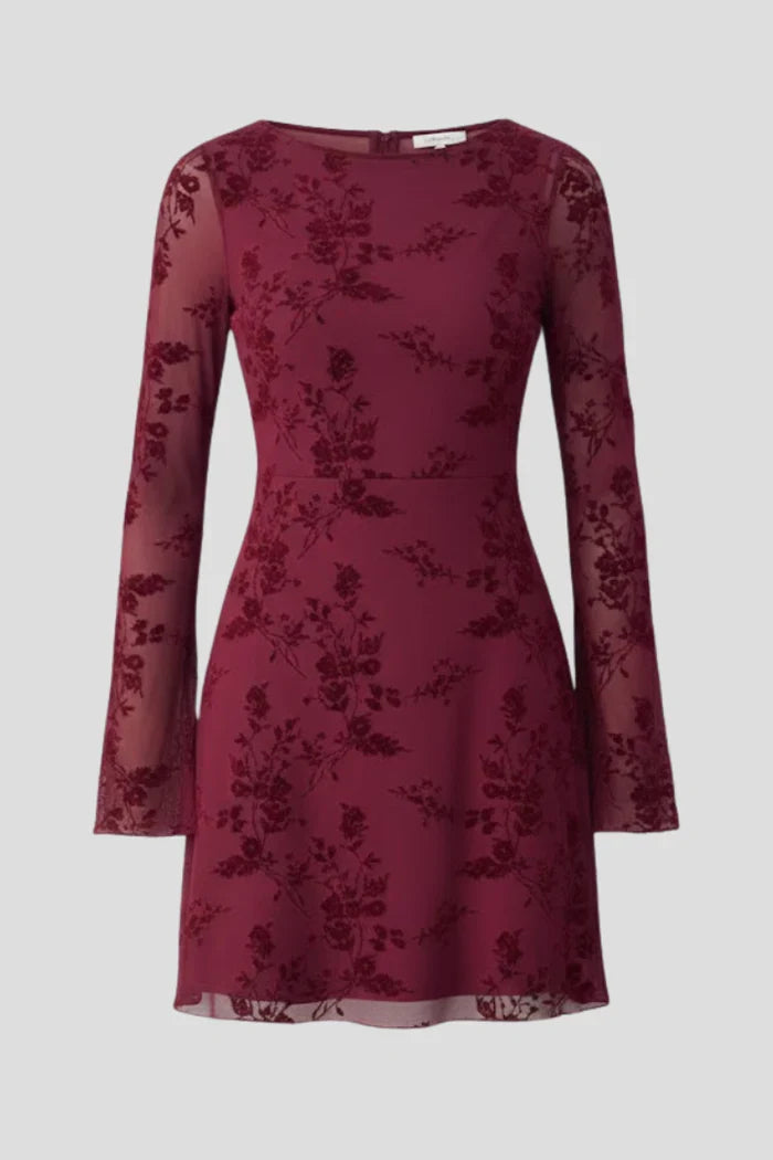 Fitted women's dress – high waist, long-sleeve textured pattern, polyester, for party
