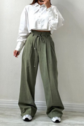 High-Waisted Pleated Trousers for Women with Drawstring Waist, Cotton Blend, Regular Fit, Versatile Casual or Dressy Style
