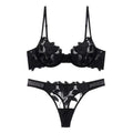 Florisse Mesh Lingerie Set with Floral Embroidery, Underwire Bra and Matching Thong, Sheer Black or Beige Sexy Lingerie Sets