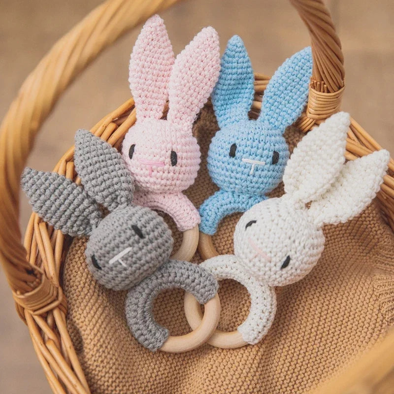Wooden Crochet Animal Teether Rattle Newborn Sensory Toys