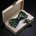 Green Birds Feather Bow Tie Set - Handmade Wood Gift Box for Men, Wedding Party