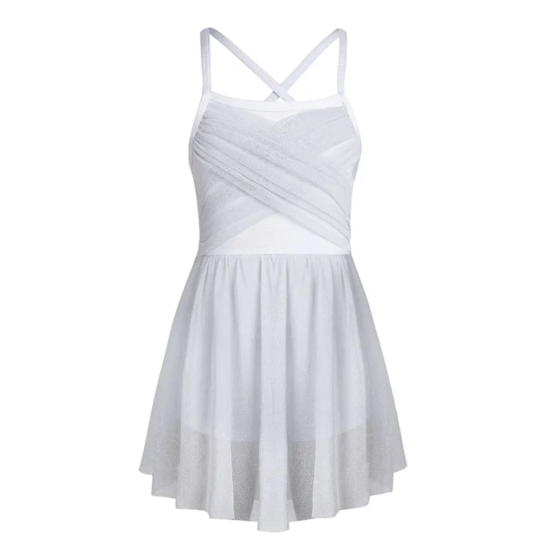 Lightweight Girls’ Dance Dress – Lyrical, Glitter Mesh, Polyester, For Ballet, Gymnastics