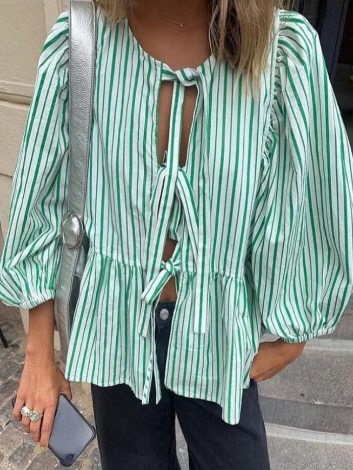 Striped Puff Sleeve Women's Top - Elegant Casual Blouse for Women, Comfortable Fit and Versatile Design