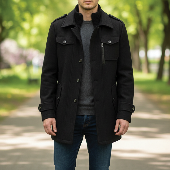 Warm Men's Coat - Tailored Mid Thigh, Wool Blend, Commuting