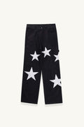 Baggy Wide Leg Jeans with Unique Star Patchwork Design and Comfortable Mid-Waist Fit in Dark Indigo