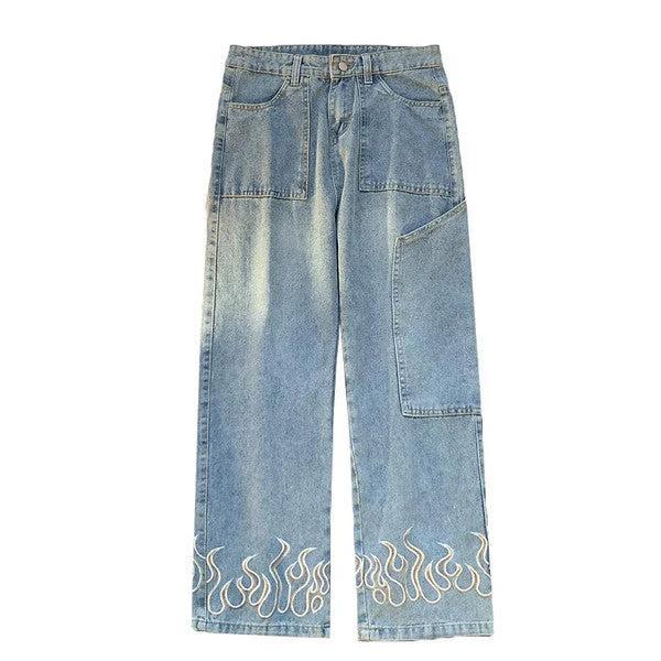 Flame Print Jeans for Men and Women, Stylish Denim with Bold Flame Designs, Available in Various Fits and colours