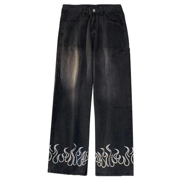 Flame Print Jeans for Men and Women, Stylish Denim with Bold Flame Designs, Available in Various Fits and colours