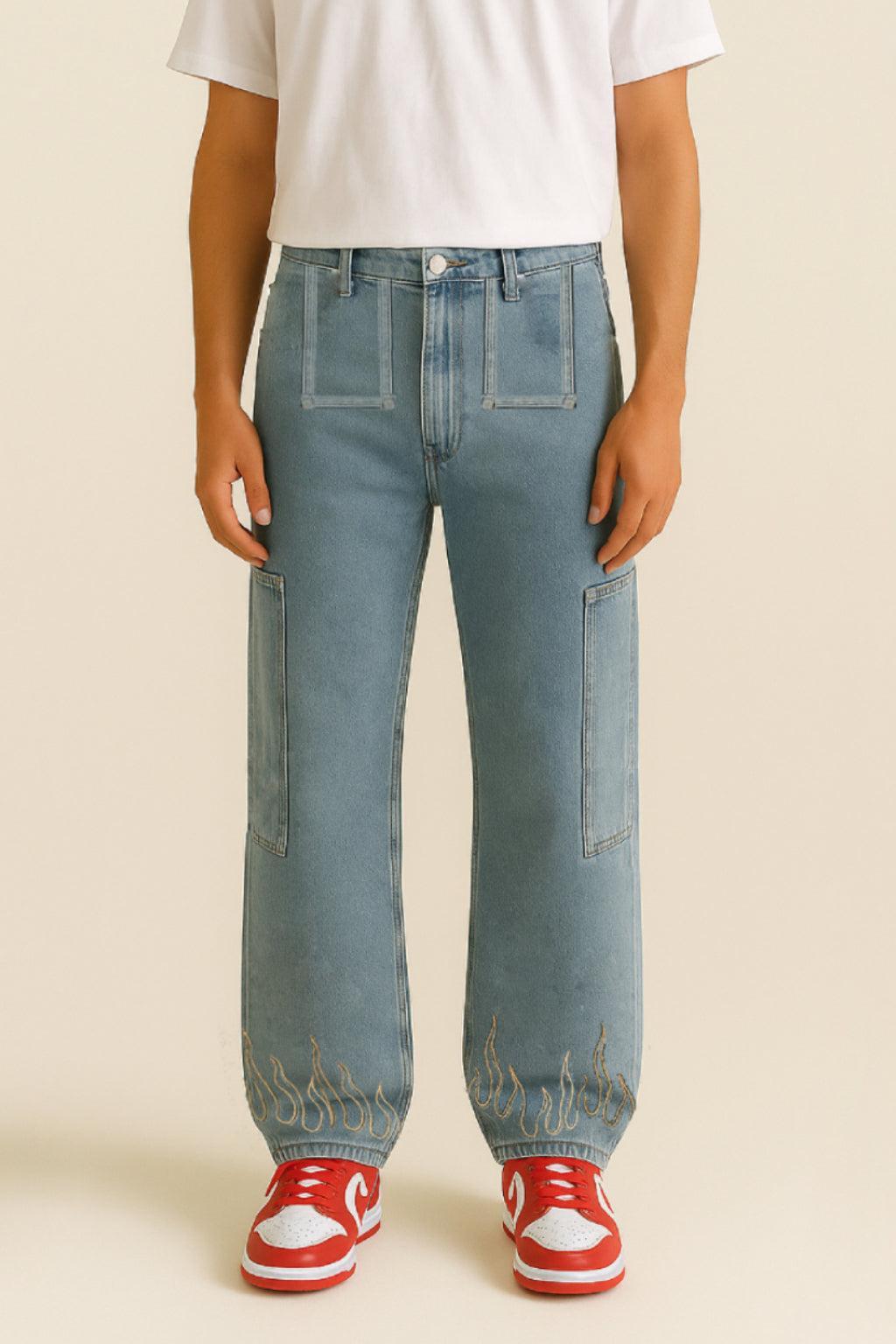Flame Print Jeans for Men and Women, Stylish Denim with Bold Flame Designs, Available in Various Fits and colours