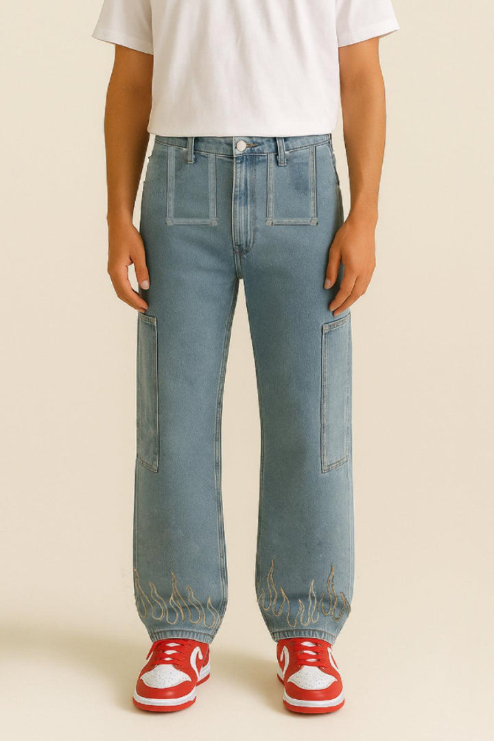 Flame Print Jeans for Men and Women, Stylish Denim with Bold Flame Designs, Available in Various Fits and colours