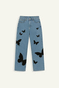 Butterfly Embroidered Wide Leg Jeans, Mid-Rise Stretch Denim, Comfortable Casual Fit with Eye-Catching Designs