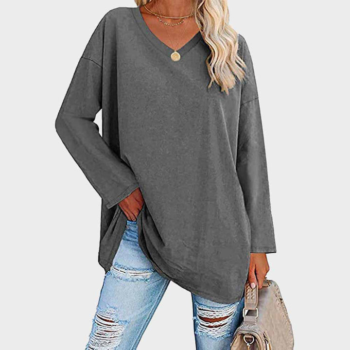 Lightweight &amp; oversized women’s blouse – long sleeve v-neck, polyester, for summer