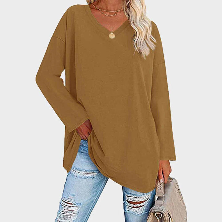Lightweight &amp; oversized women’s blouse – long sleeve v-neck, polyester, for summer