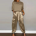 Lightweight & Flattering women’s two-piece set – half-sleeve blouse, breathable satin, for casual and evening wear