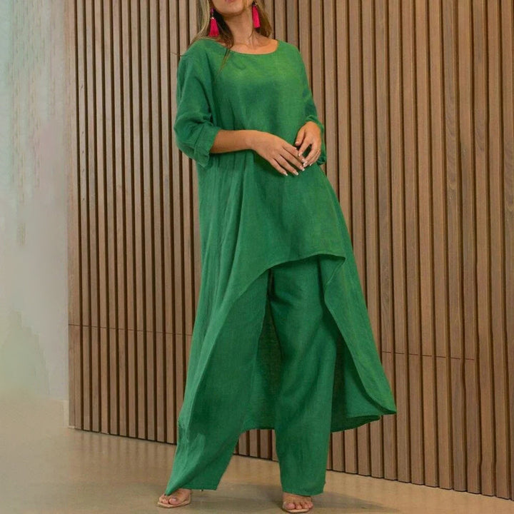 Lightweight &amp; Flattering women’s two-piece set – airy blouse and Trousers, linen and cotton, for summer outings