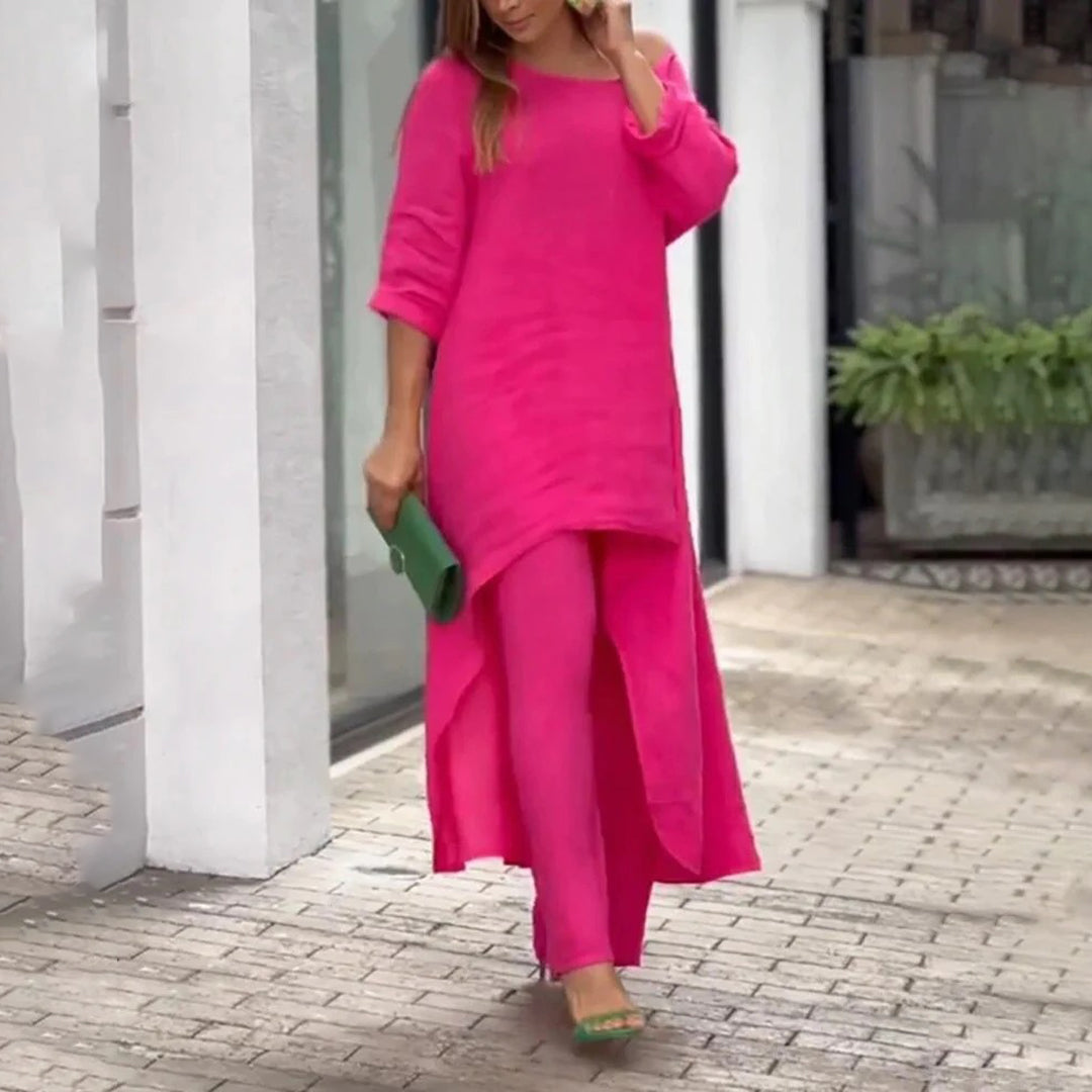 Lightweight &amp; Flattering women’s two-piece set – airy blouse and Trousers, linen and cotton, for summer outings