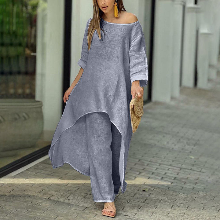 Lightweight &amp; Flattering women’s two-piece set – airy blouse and Trousers, linen and cotton, for summer outings
