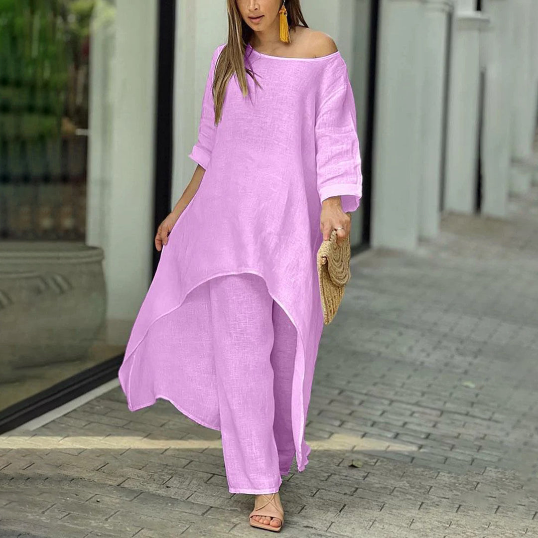 Lightweight &amp; Flattering women’s two-piece set – airy blouse and Trousers, linen and cotton, for summer outings