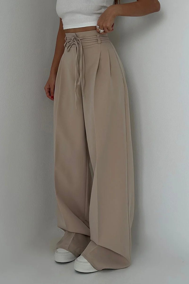 High-Waisted Wide Leg Trousers with Adjustable Belt in Beige, Soft Flowy Fabric, Loose Fit Palazzo Trousers