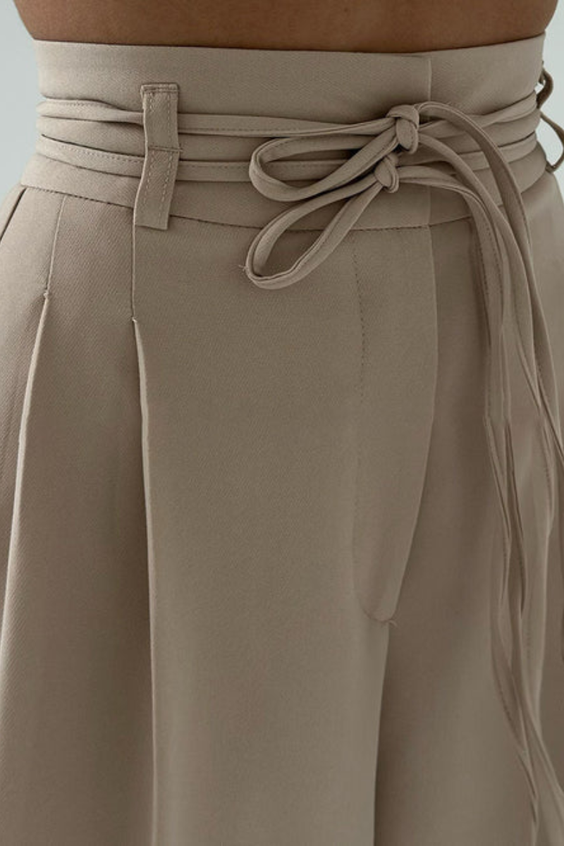 High-Waisted Wide Leg Trousers with Adjustable Belt in Beige, Soft Flowy Fabric, Loose Fit Palazzo Trousers