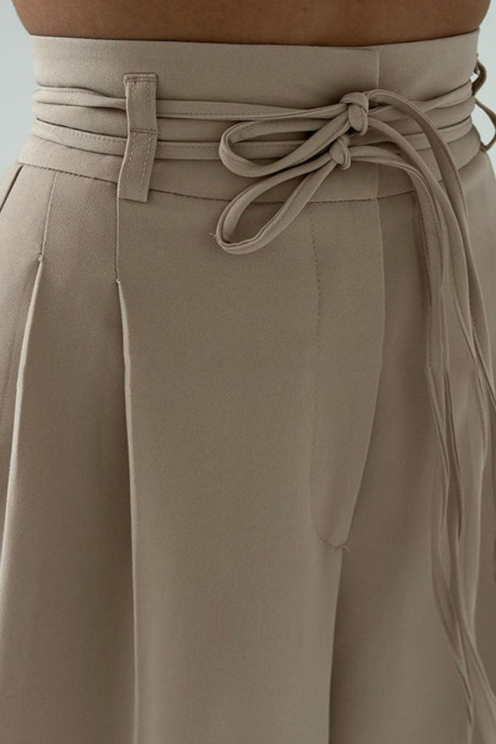 High-Waisted Wide Leg Trousers with Adjustable Belt in Beige, Soft Flowy Fabric, Loose Fit Palazzo Trousers