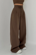 High-Waisted Wide Leg Trousers with Adjustable Belt in Beige, Soft Flowy Fabric, Loose Fit Palazzo Trousers