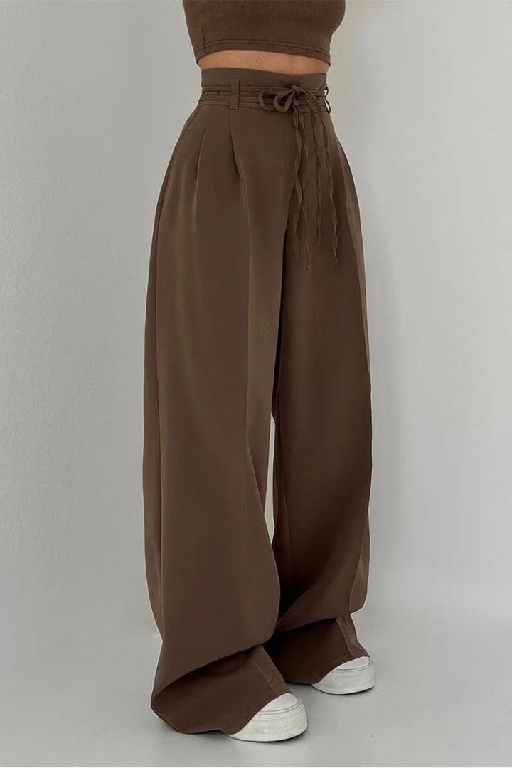 High-Waisted Wide Leg Trousers with Adjustable Belt in Beige, Soft Flowy Fabric, Loose Fit Palazzo Trousers