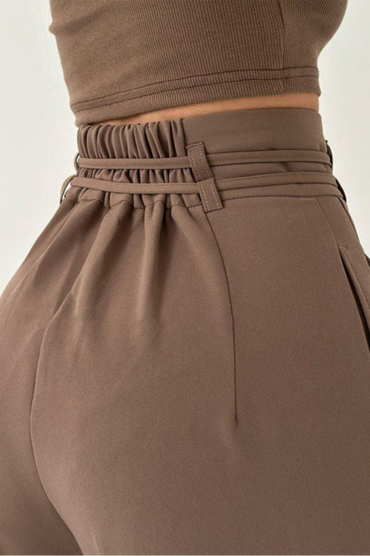 High-Waisted Wide Leg Trousers with Adjustable Belt in Beige, Soft Flowy Fabric, Loose Fit Palazzo Trousers