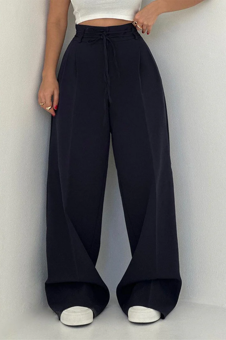 High-Waisted Wide Leg Trousers with Adjustable Belt in Beige, Soft Flowy Fabric, Loose Fit Palazzo Trousers