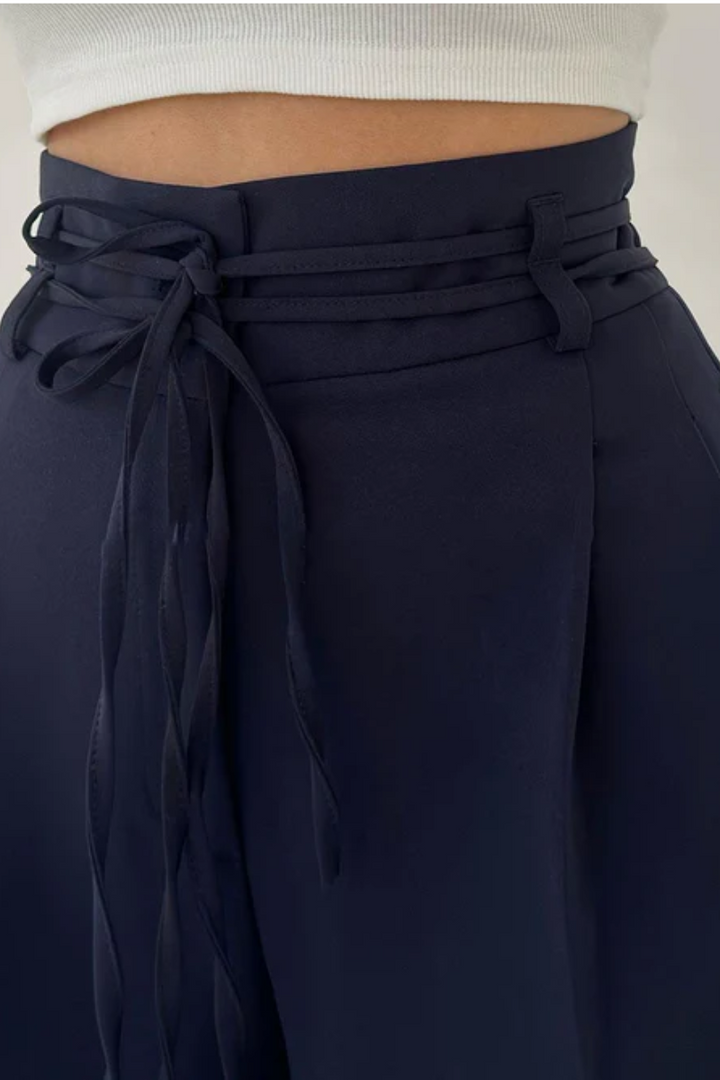 High-Waisted Wide Leg Trousers with Adjustable Belt in Beige, Soft Flowy Fabric, Loose Fit Palazzo Trousers