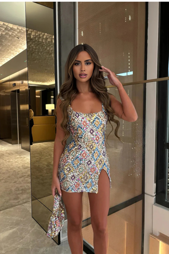 Multicolour Sequin Mini Dress with Bodycon Fit, Thigh-High Slit, Square Neckline, Sleeveless Design