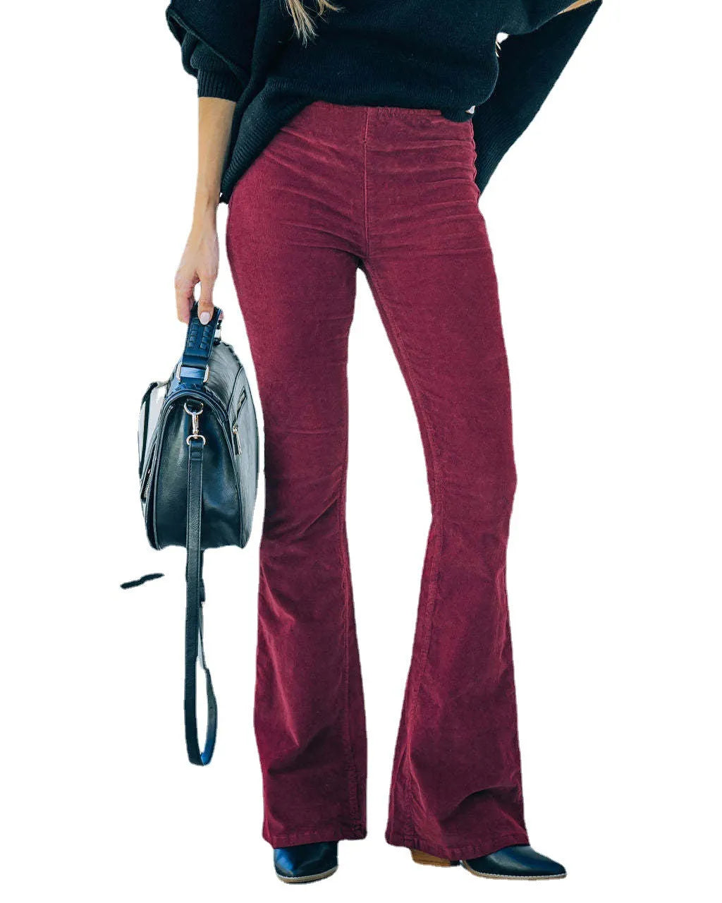 Ribbed Wide Leg Trousers for Women with Elasticated Waist and Flared Legs, Comfortable and Stylish