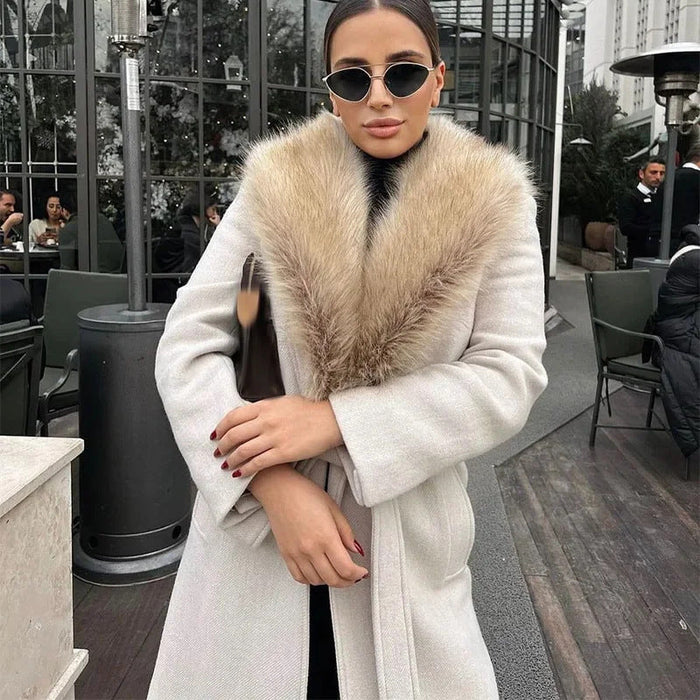Warm Flattering Women Long Coat- Turn Down Collar, Polyester