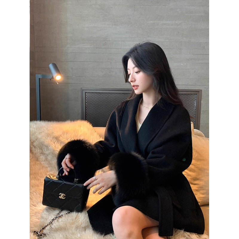 Warm Women’s Long Coat - Shawl Collar, Wool, For Winter