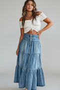 Soft Women's Denim Skirt – A-Line, Classic Mid-Length, Tiered, Button-Front, Denim, Casual Wear