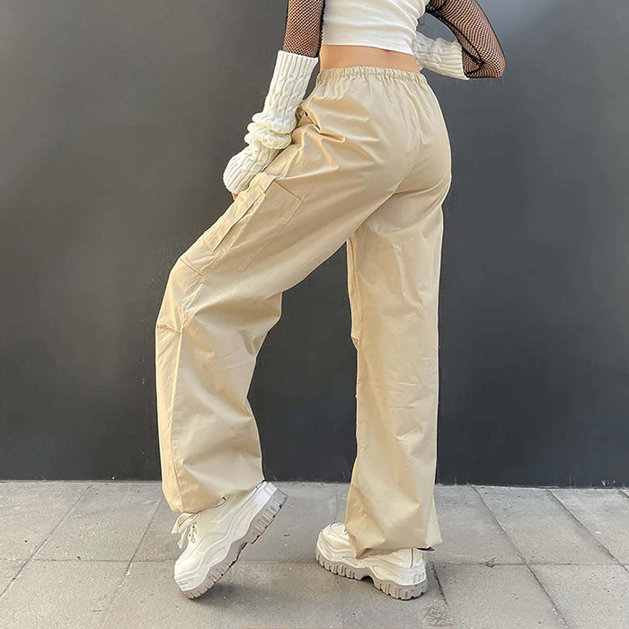 Beige Parachute Trousers for Men with Adjustable Waist and Multiple Pockets, Lightweight Relaxed Fit