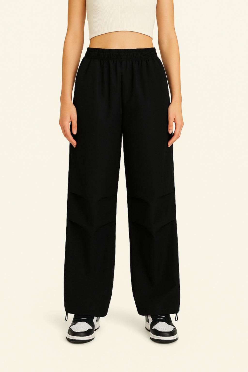 Black Parachute Trousers with Adjustable Waist, Multiple Pockets, Lightweight Fabric for Casual and Urban Style