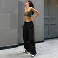 Black Parachute Trousers with Adjustable Waist, Multiple Pockets, Lightweight Fabric for Casual and Urban Style