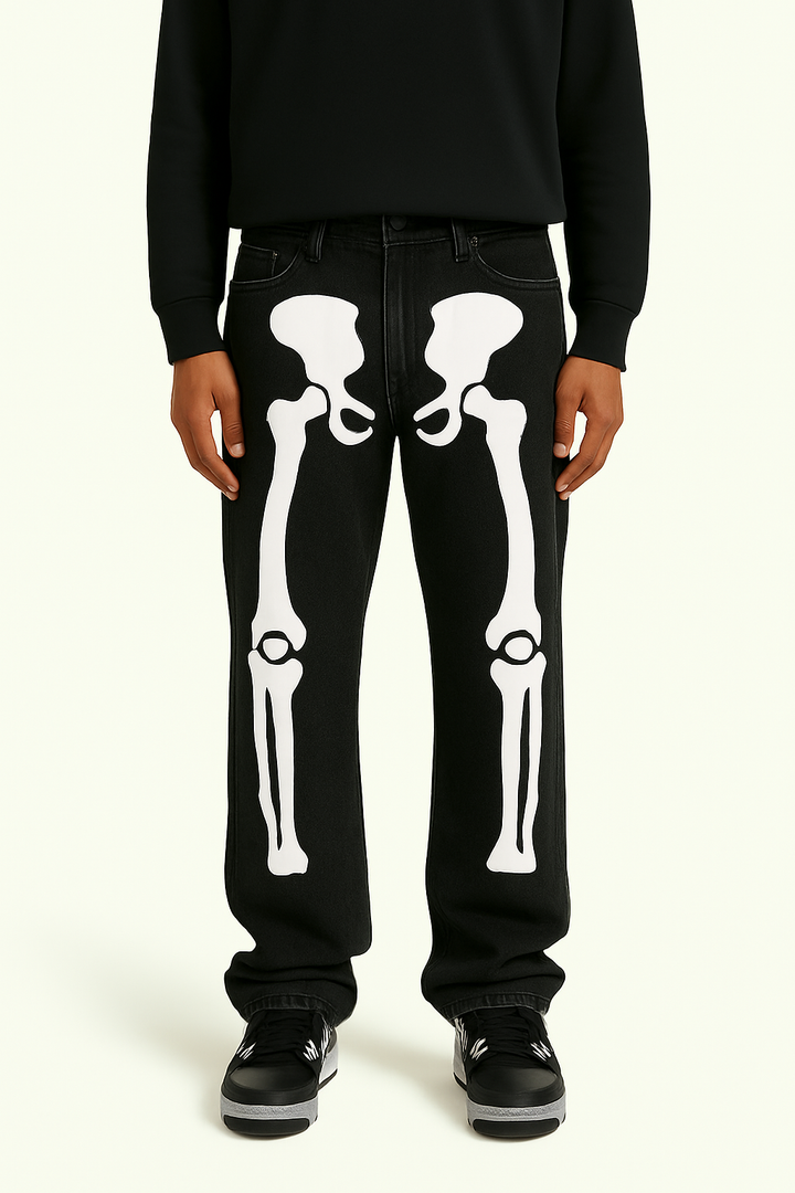 Y2K Skeleton Trousers Unisex Cotton-Polyester Blend with Striking Skeleton Designs and Multiple Pockets