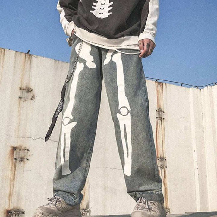 Y2K Skeleton Trousers Unisex Cotton-Polyester Blend with Striking Skeleton Designs and Multiple Pockets