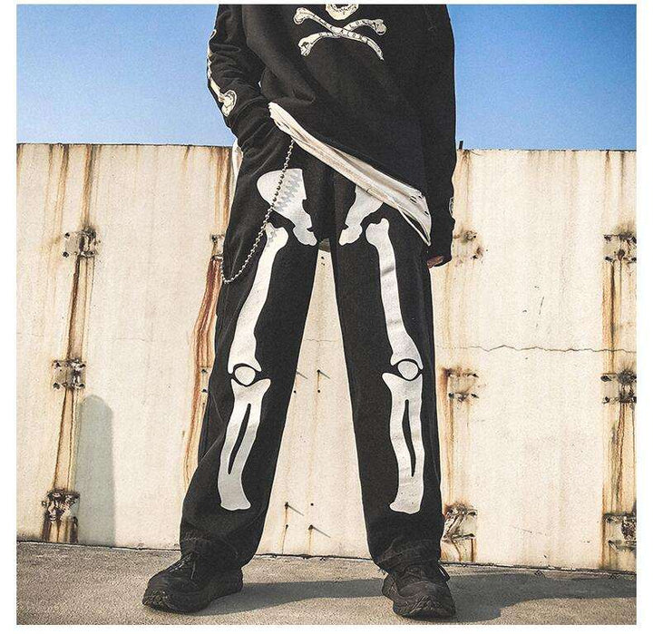 Y2K Skeleton Trousers Unisex Cotton-Polyester Blend with Striking Skeleton Designs and Multiple Pockets