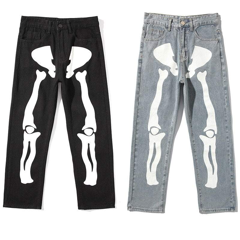 Y2K Skeleton Trousers Unisex Cotton-Polyester Blend with Striking Skeleton Designs and Multiple Pockets