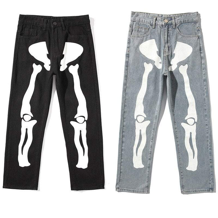 Y2K Skeleton Trousers Unisex Cotton-Polyester Blend with Striking Skeleton Designs and Multiple Pockets