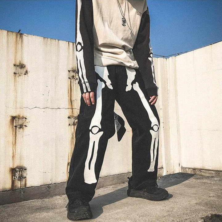 Y2K Skeleton Trousers Unisex Cotton-Polyester Blend with Striking Skeleton Designs and Multiple Pockets