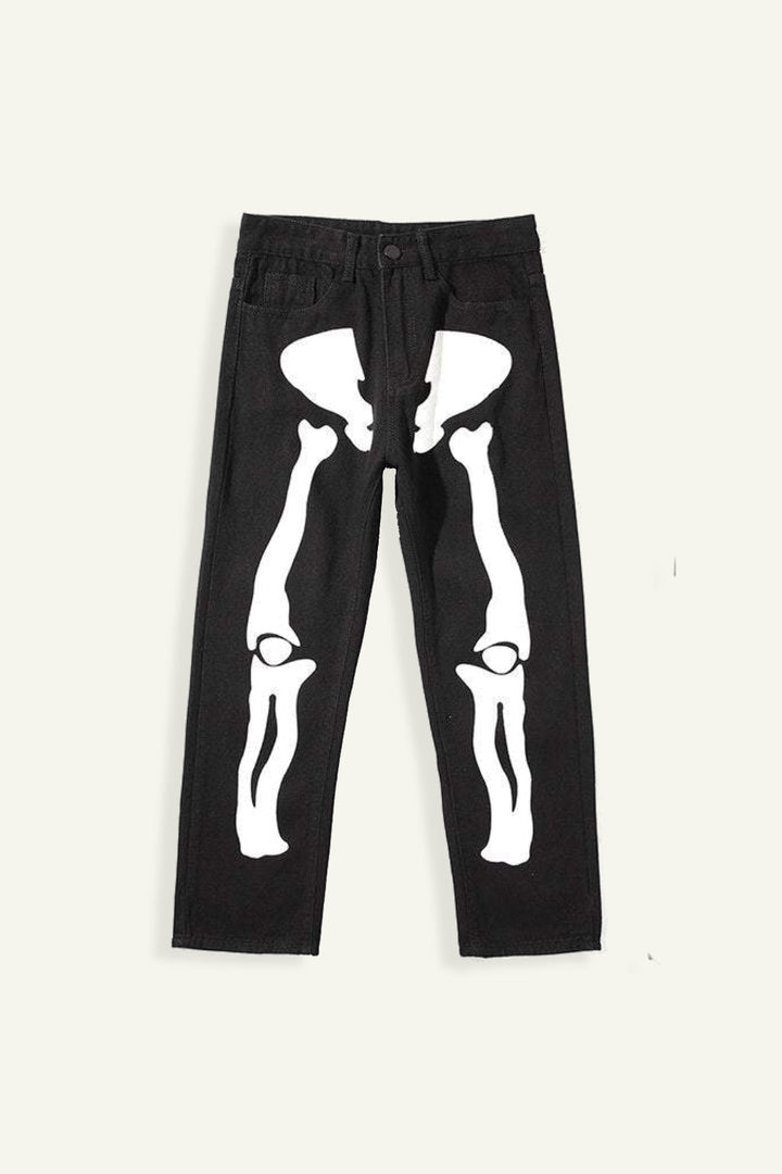 Y2K Skeleton Trousers Unisex Cotton-Polyester Blend with Striking Skeleton Designs and Multiple Pockets